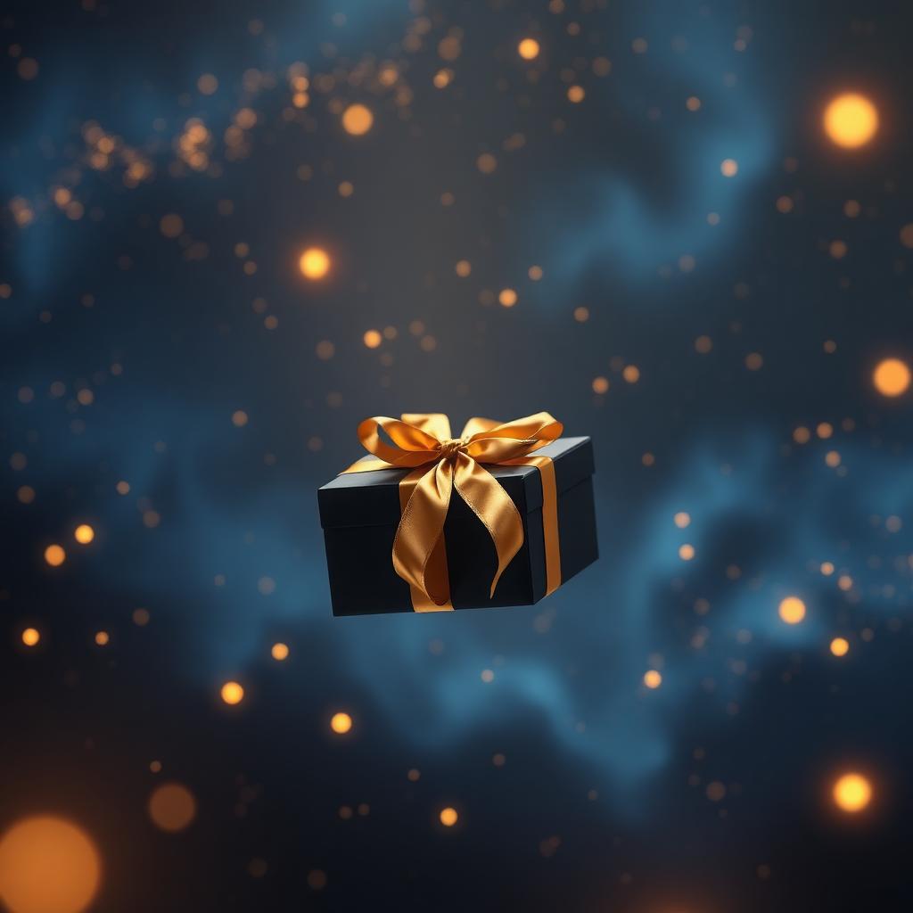 Floating luxury gift box with golden ribbons and glowing particles
